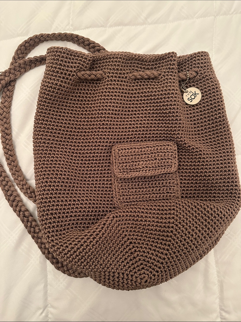 The Sak Brown Crochet Shoulder Drawstring Bag